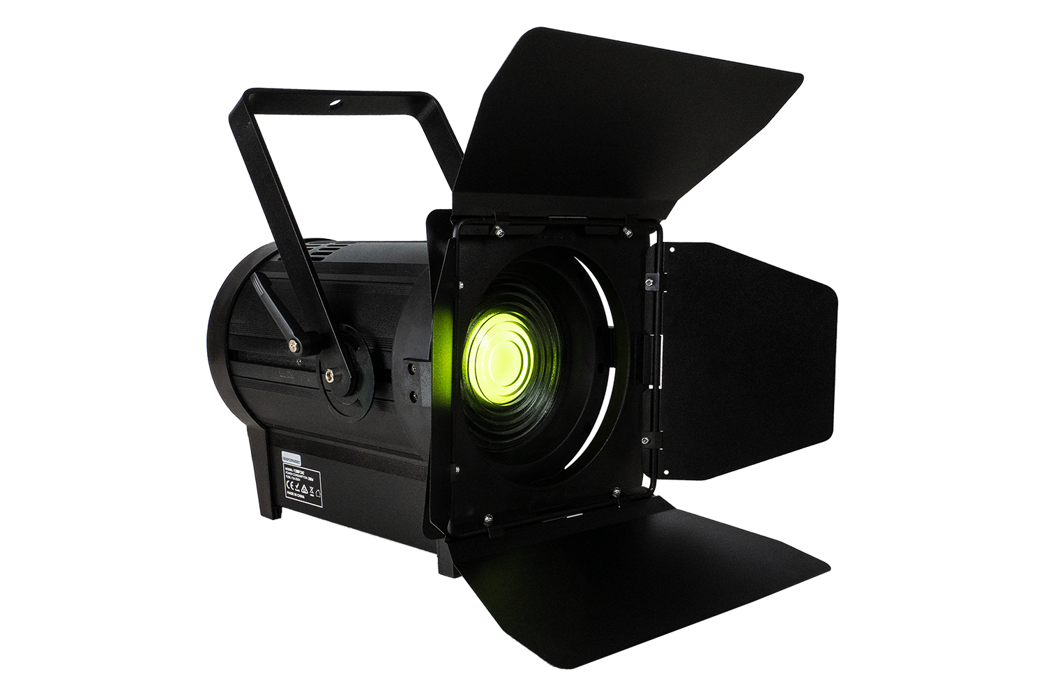 Event Lighting F200FCMZ full colour fresnel, front with barn door