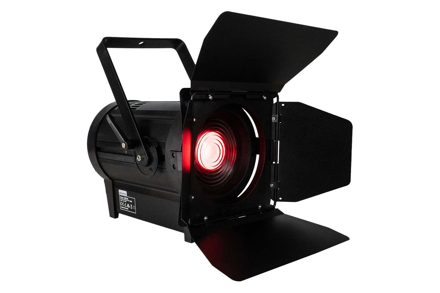 Event Lighting F200FCMZ full colour fresnel, front with barn door