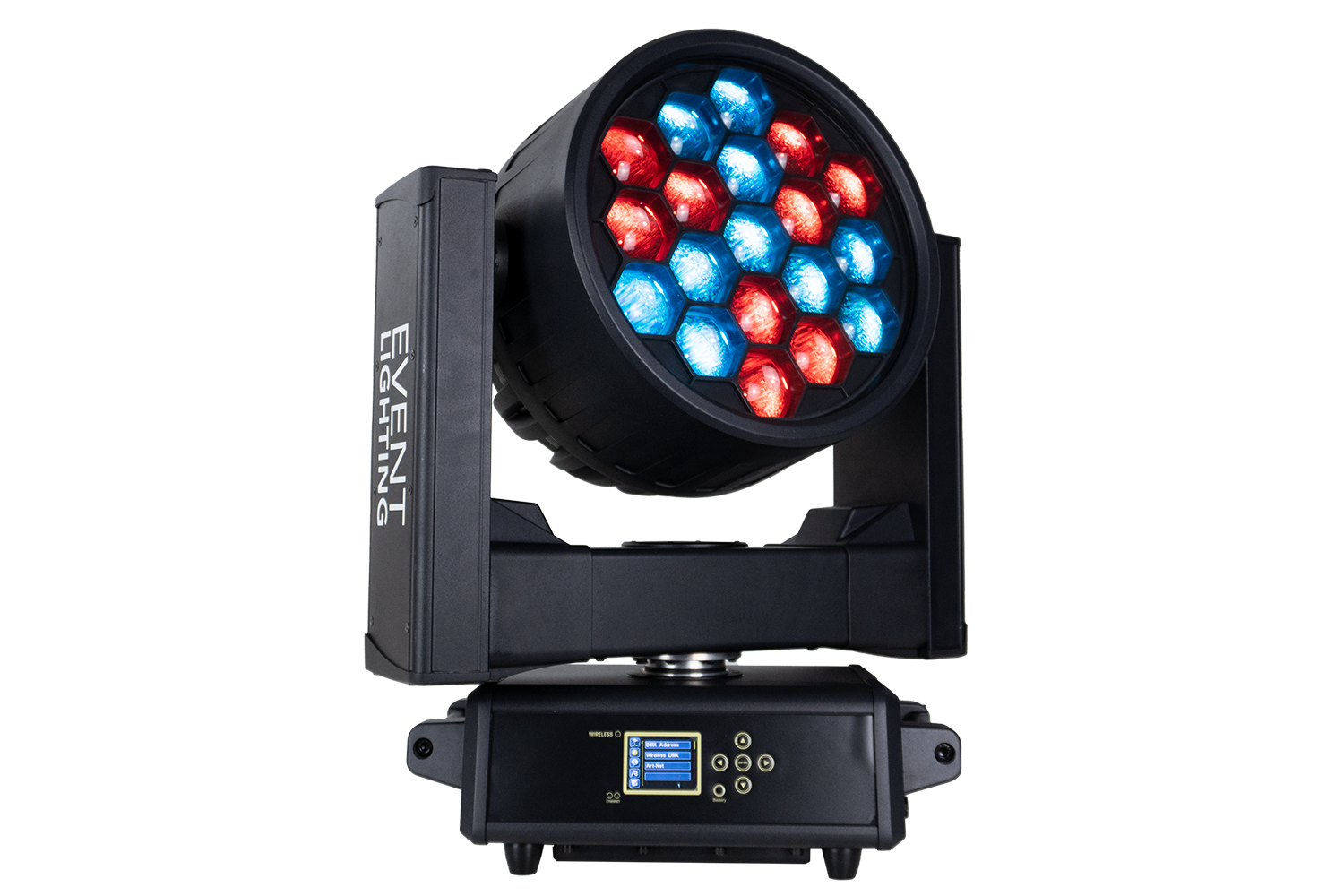 Event Lighting M19IPW40RGBW outdoor wash moving head, hero, red and blue