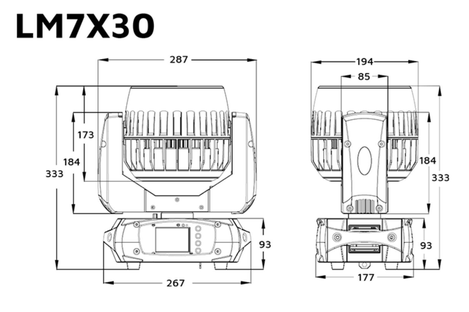 Event Lighting LM7X30 Zoom Wash Moving Head line drawing 1500 × 1000px